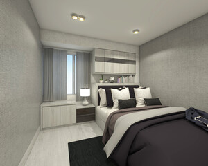 Modern master bedroom with wooden headboard storage cabinet and side drawer table