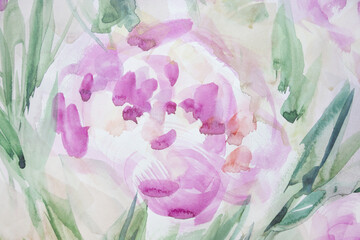 One beautiful peony bloom. Background with smudges and stains. Lovely pastel colors watercolor illustration.