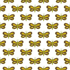 Fototapeta na wymiar Isolated seamless pattern with yellow folk butterfly silhouettes with botanic print. White background.
