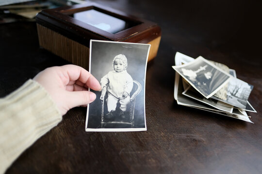 closeup female hand holding old vintage photos of 1960, concept of family tree, genealogy, childhood memories, memory of ancestors