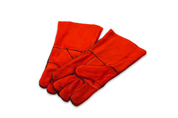 Red leather Welding Glove equipment isolated on white background