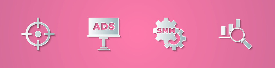 Set paper cut Target sport, Advertising, Social media marketing and Magnifying glass and analysis icon. Paper art style. Vector