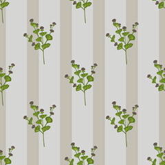 Green simple flowers seamless doodle pattern with little botanic silhouettes print. Grey background.