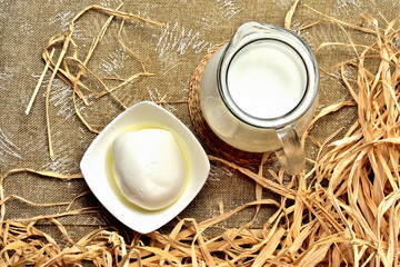 Milk in a glass jug and a bowl of fresh goat cheese on vintage decorative background with dry straw and hay. Top view.