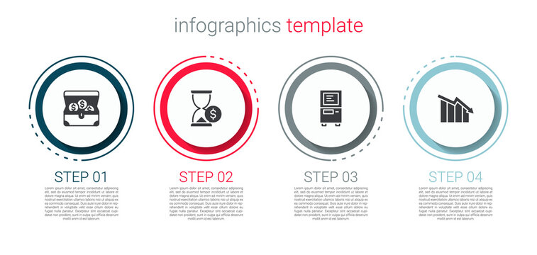 Set Treasure chest, Hourglass with dollar, ATM and Financial growth decrease. Business infographic template. Vector