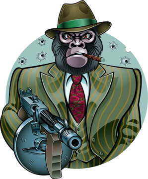 Gangster Monkey In Suit Holding Machine Gun