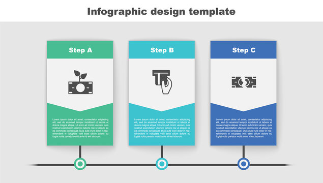Set Money plant in the pot, Credit card inserted and Tearing money banknote. Business infographic template. Vector