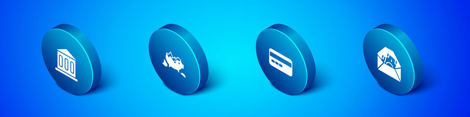 Set Isometric Bank building, Credit card, Envelope with dollar symbol and Broken piggy bank icon. Vector