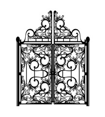 antique wrought gate passage - closed doors of mysterious fantasy entrance black and white vector outline
