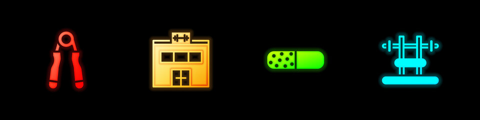 Set Sport expander, Gym building, Vitamin pill and Bench with barbel icon. Vector