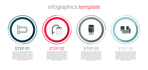 Set Chest expander, Shower head, Boxing glove and Towel stack. Business infographic template. Vector
