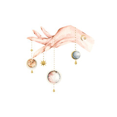 Handpanted set of hand with mystical, mysterious cosmos. Golden skulls, space objects, moon, star, planet, hands, minimalistic objects. Geometric esoteric illustration for design, print, logo