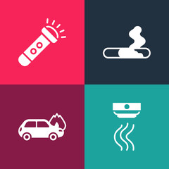 Set pop art Smoke alarm system, Burning car, Cigarette and Flashlight icon. Vector