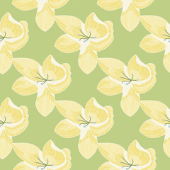 Yellow and green outline orchid flowers silhouettes seamless pattern on light green background.