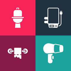 Set pop art Hair dryer, Toilet paper roll, Electric boiler and bowl icon. Vector
