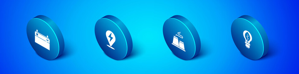 Set Isometric Car battery, Factory, Light bulb with leaf and Lightning bolt icon. Vector