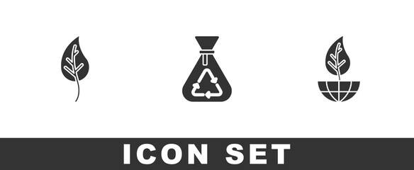 Set Leaf or leaves, Garbage bag with recycle and Earth globe and leaf icon. Vector