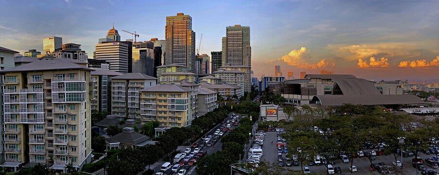 Bonifacio Global City aka BGC Manila, Philippines cityscape at sunset showing the highrise skyline.