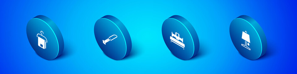 Set Isometric Towel on hanger, Bedroom, Table lamp and Knife icon. Vector
