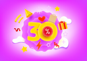Thirty percent shopping discount illustration with different market elements. 3d style vector illustration