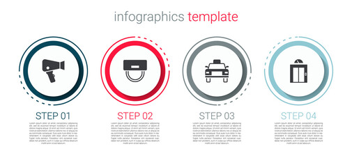 Set Hair dryer, Bellboy hat, Taxi car and Lift. Business infographic template. Vector