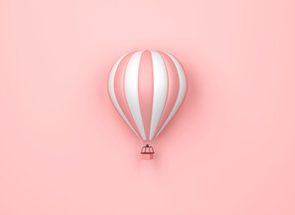 Hot air balloon with pink and white stripes on pastel pink background. 3d rendering