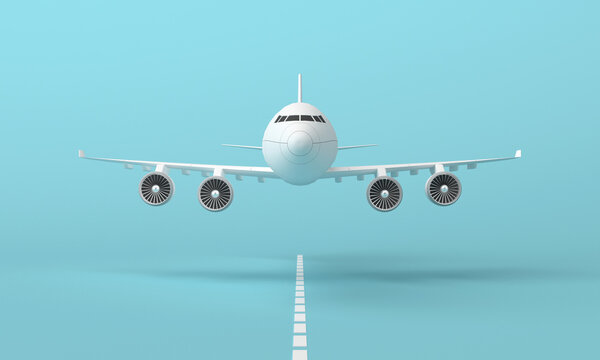 Plane flying on the runway on blue background. 3d rendering