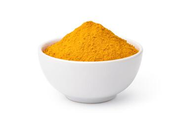 Turmeric (Curcuma longa Linn) powder in white bowl isolated on white background. Clipping path