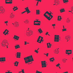 Set Briefcase, Judge gavel, Fingerprint and Location law on seamless pattern. Vector