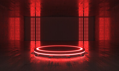 Futuristic Sci Fi Empty Red Stage neon. 3d rendering - obrazy, fototapety, plakaty