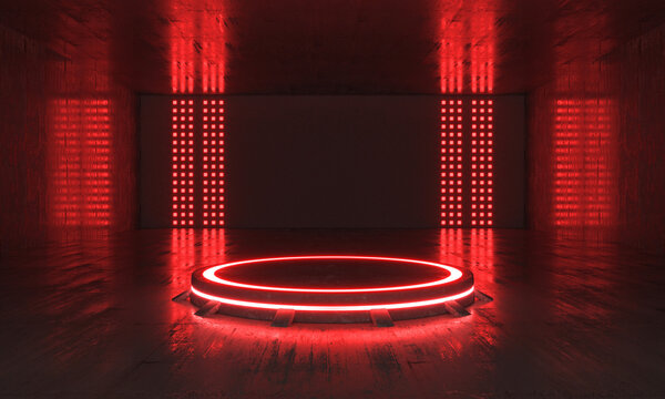 Futuristic Sci Fi Empty Red Stage neon. 3d rendering