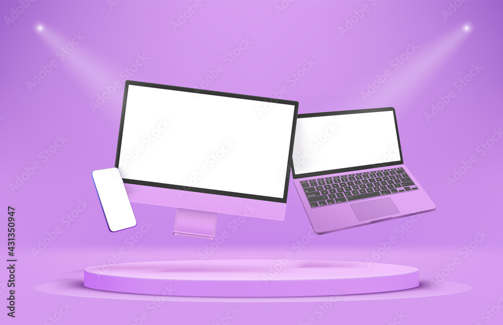 Poster modern violet smartphone, laptop and desktop computer with blank screens. levitation effect