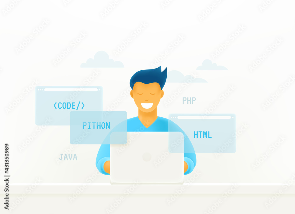 Poster web deloper at work. 3d style cute isometric vector illustration
