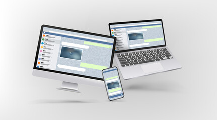 Modern desktop personal computer, laptop and smartphone mockup with messenger interface on screens. Levitation effect