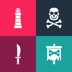 Set pop art Pirate flag, sword, Skull on crossbones and Lighthouse icon. Vector
