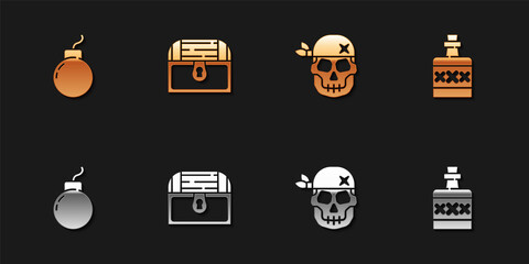 Set Bomb ready to explode, Antique treasure chest, Skull and Alcohol drink Rum icon. Vector