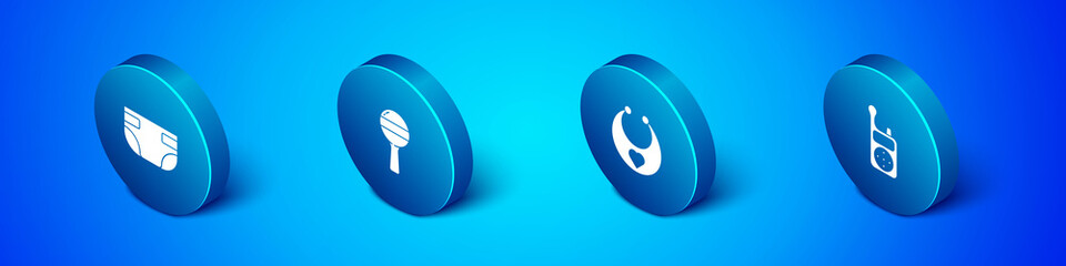 Set Isometric Baby absorbent diaper, bib, Monitor Walkie Talkie and Rattle baby toy icon. Vector