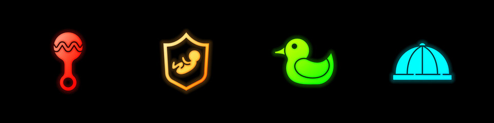 Set Rattle baby toy, Baby on shield, Rubber duck and hat icon. Vector