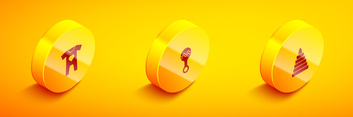 Set Isometric Baby clothes, Rattle baby toy and Pyramid icon. Vector