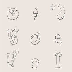 Collage of nine autumn icons. Set of hand drawn pumpkins, mushrooms, acorns. Minimalistic charcoal outlines. Isolated on beige. Illustrations for designs of covers, interiors, advertisements, menus.