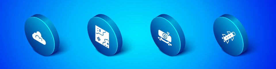 Set Isometric Cloud weather, Fuel tanker truck, Rocket and World travel map icon. Vector