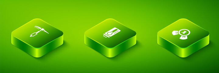 Set Isometric Meteorology thermometer, Medal and Ice axe icon. Vector