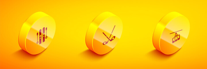 Set Isometric Ski and sticks, Ice hockey and Cable car icon. Vector