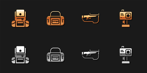 Set Hiking backpack, Sport bag, Biathlon rifle and Action camera icon. Vector