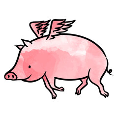 Hand drawn flying pig watercolor vector illustration