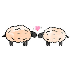 Hand drawn two sheep and a heart shape watercolor vector illustration