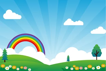 Fotobehang Natuur landschap cartoon afbeelding met regenboog geschikt voor kinderen achtergrond © Muhamad