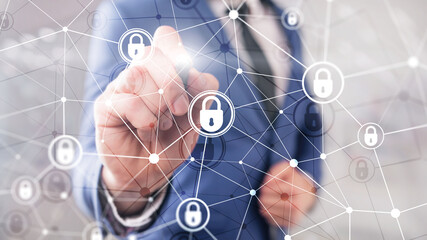 Cyber security, information privacy, data protection concept on modern server room background. Internet and digital technology concept