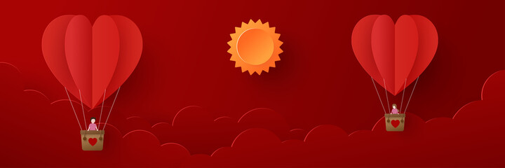 Valentines day banner. Heart balloons with peoples joyful on flying over clouds. Paper cut and craft style illustration