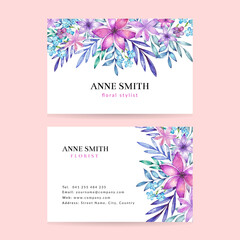 Watercolor floral business card. Business card with hand painted flowers. 